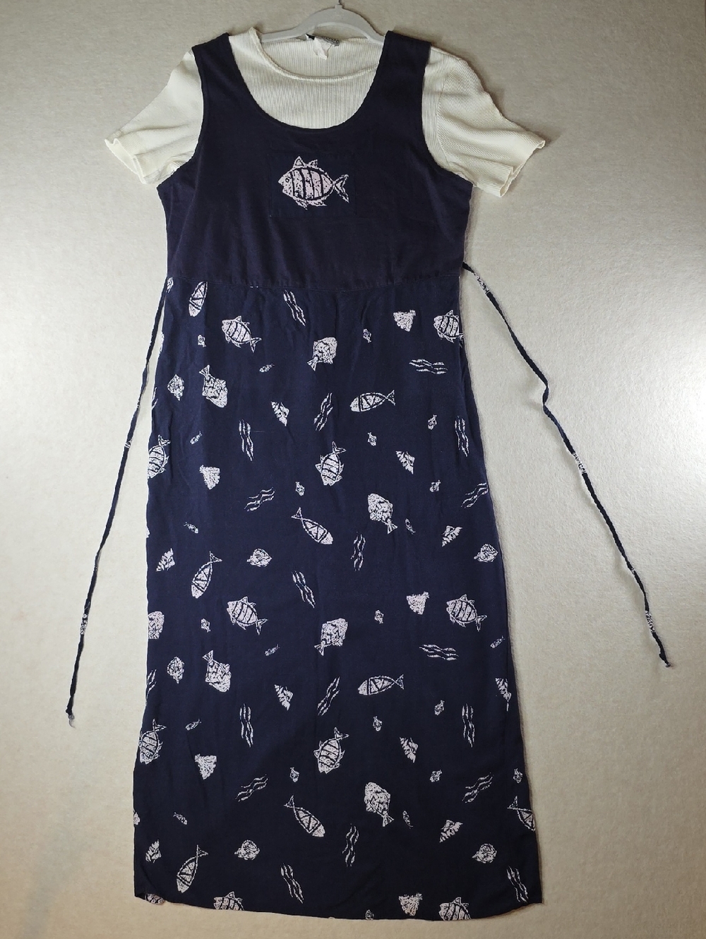 90s Y2K Kelly Stevens Fish Print Navy Maxi Dress Pinafore Coastal Modest 2Piece